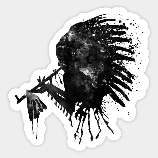 Indian with Headdress Black and White Silhouette Sticker by Marian Voicu